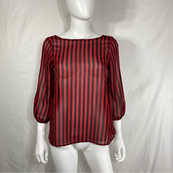 Live 4 Truth Red & Black Striped Sheer Bow Back Blouse - Picture 2 of 8